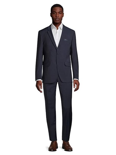 versace slim-fit tonal striped wool-blend suit|VERSACE Logo.